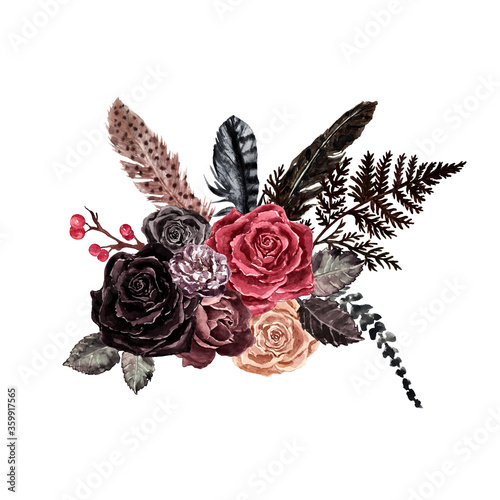 Watercolor red, burgundy, purple and black roses bouquet in vintage victorian...