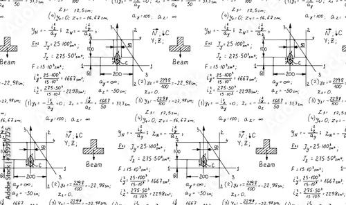Physics seamless pattern with the equations, figures, schemes, formulas and other calculations on whiteboard. Retro scientific handwritten vector Illustration.