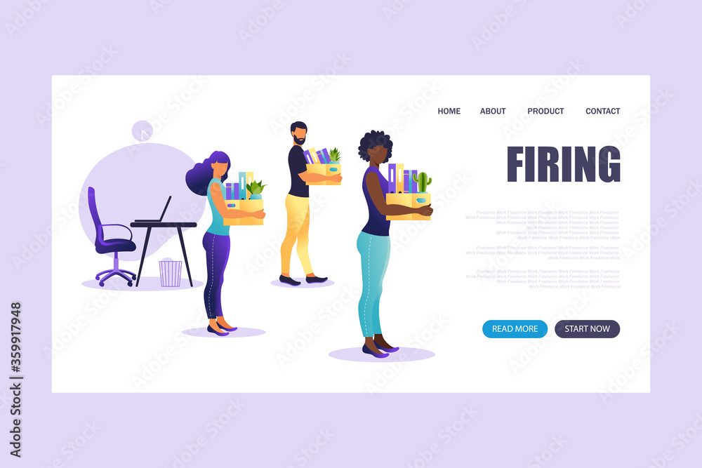 Landing page of firing employee. People standing with offices box with things. Unemployment concept, crisis, jobless and employee job reduction. Job loss.
