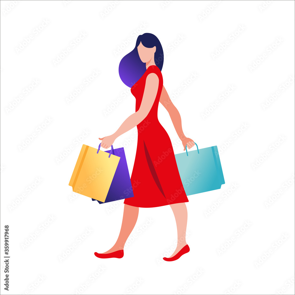 Young woman with paper bags shopping. Concept of online and offline shopping. Vector illustration in flat style.