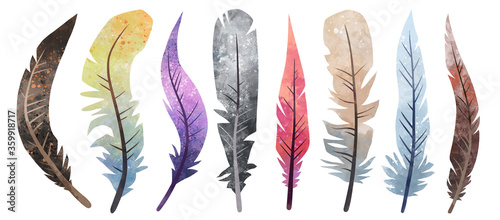 Feathers set watercolor stock illustration. Colorful tribal boho clip art for wedding decoration, isolated on white background.  © Евгения Смирнова