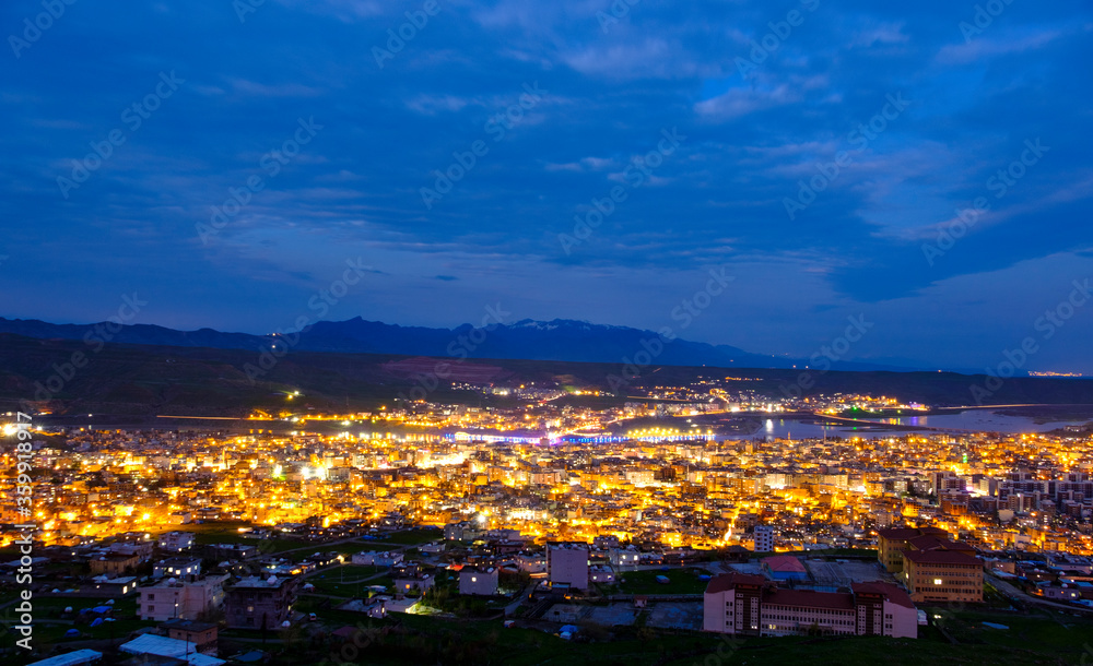 Cizre city view and cudi mountain. night view of the city of cizre. judi mountain.  Mountain where Noah's Ark sits. cizre with tigris river