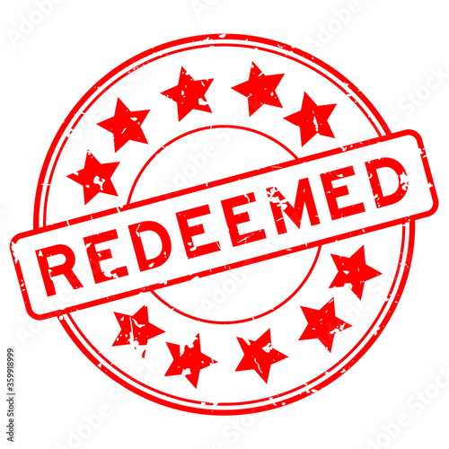 Grunge red redeemed word with star icon round rubber seal stamp on white background
