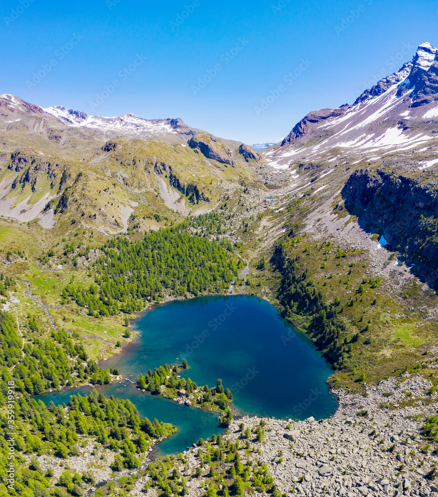 Aerial view of the lake in Swiss Val Viola