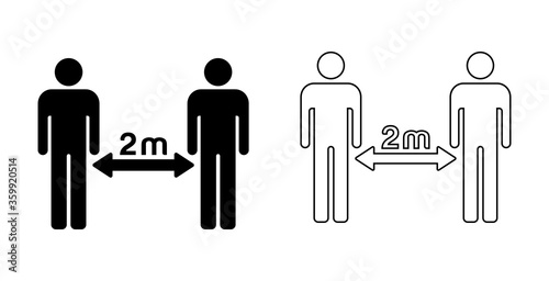 Social distancing set of icons. Simple man or woman black and white silhouettes with arrow distance between. Can be used during coronavirus covid-19 outbreak prevention