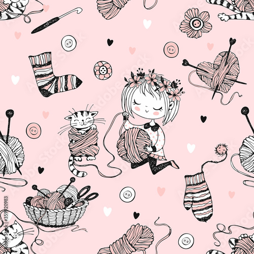 Seamless pattern on the theme of knitting with a cute knitter girl and her little cat playing with a skein of yarn.Vector