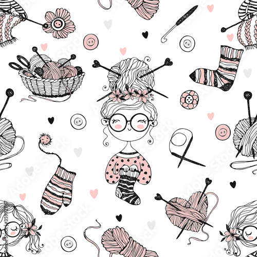 Seamless pattern on the theme of knitting with cute knitter girls in Doodle style. Vector