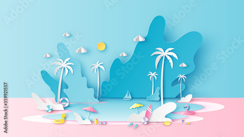 Abstract paper art of summer sea scenery with sea water splashing and beach equipment on beach. Sea landscape. Summer time. Paper cut and craft style. vector, illustration.