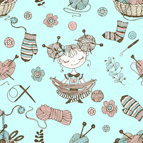 Seamless pattern on the theme of knitting with cute knitter girls in Doodle style. Vector