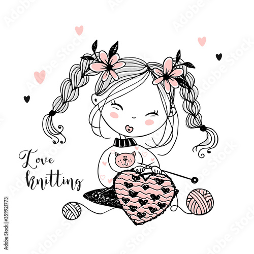 A cute little girl knits a woolen heart on her knitting needles. Vector.
