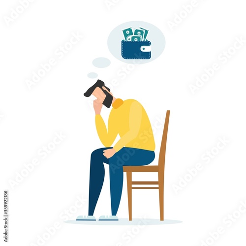 Money problem Financial Trouble Flat Illustration. Depressed Businessman in Need Cartoon Character. Economic Crisis, Business Bankruptcy. Pressured Office Worker with Headache, Unpaid Loan Debt