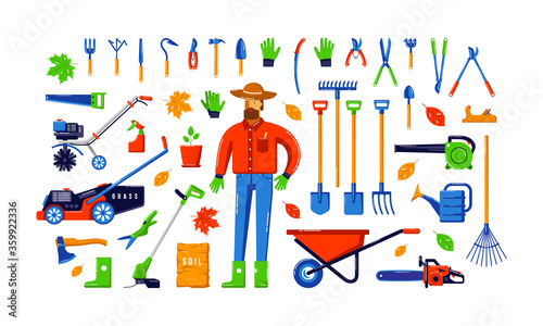 Stock vector illustration of garden tool kit and gardener