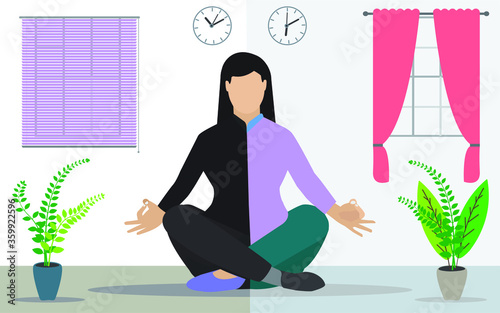 Asian concept of life and work balance through illustration. Young businesswoman doing yoga meditation. Balancing life in office and home India vector stock illustration. 