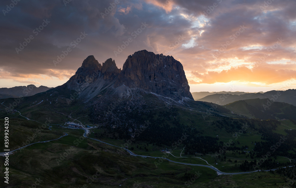 Sassoluongo Langkofel mountain in sunset in Dolomites, Italy
