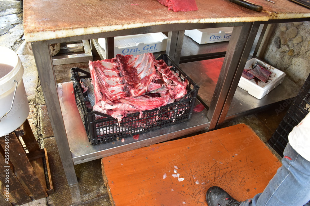 avanzi della macellazione di tonno rosso, mercato del pesce di Palermo, Sicilia
