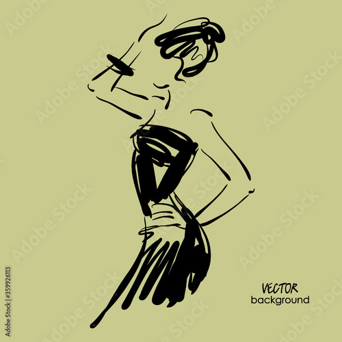 art  background with beautiful young woman  in cocktail dress, with bijou; sketch vector