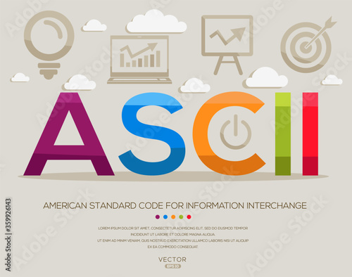 ASCII  mean (American Standard Code for Information Interchange) ,letters and icons,Vector illustration.