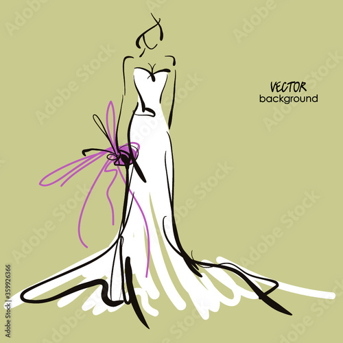 art sketch of beautiful young  bride in white dress and with the bride's bouquet. Vector background with space for text.