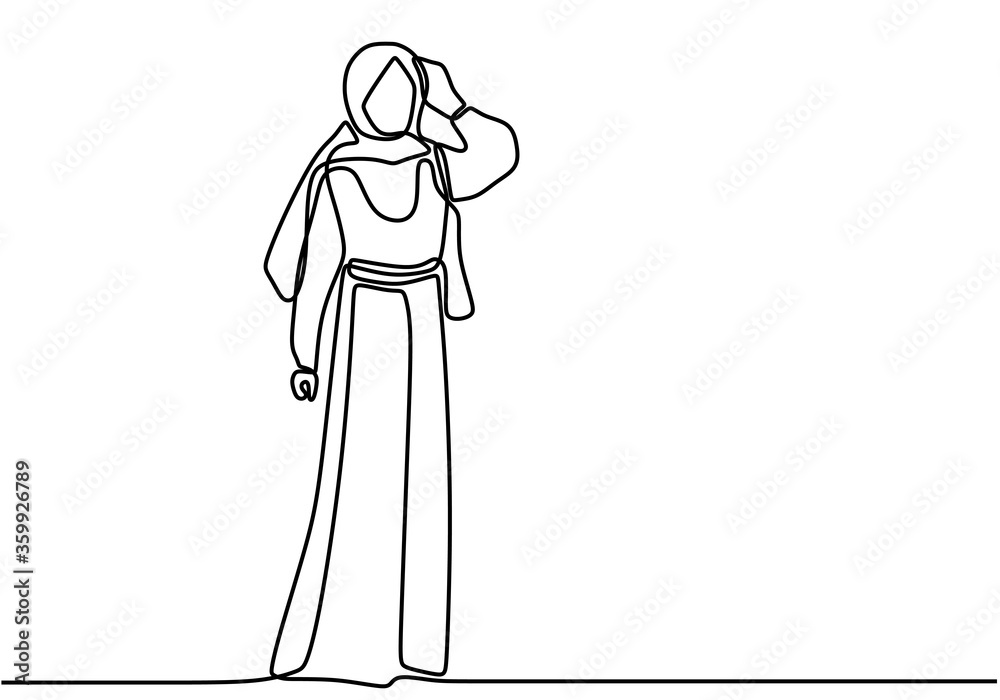 One single line drawing of young happy muslimah girl with head scarf ...