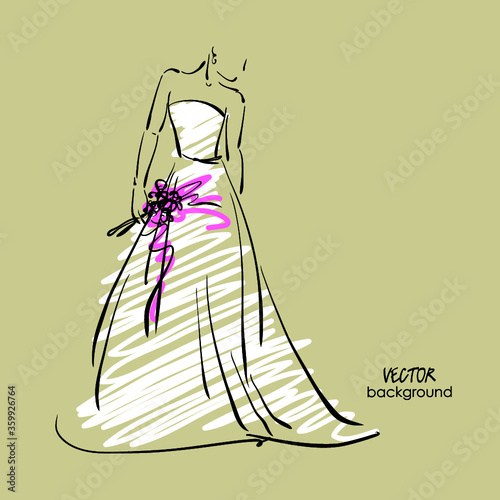 art sketching beautiful young  bride in white dress with the bride's bouquet.Vector background with space for text.