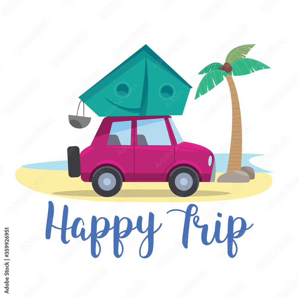 Obraz premium Traveling by car with a tent on a wildlife shore with a palm tree. Vector stock illustration symbol, emblem.