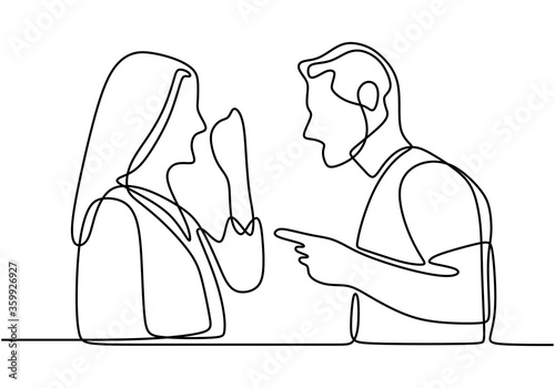 Continuous line drawing of couple in conflict. Couple fighting and pointing finger at each other. Man and women talking with angry gesture vector illustration isolated on white background.