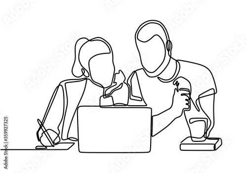 Continuous one line drawing of man and woman sitting with laptop. Two creative coworkers discussing work on screen talking about the problem and think of strategy. Business creative thinking concept