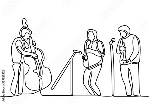 One line drawing jazz music player. A group of singer, cello player and saxophone person isolated on white background. People with classical music instruments. Jazz group player minimalism design