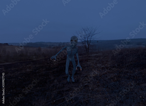 3d illustration of an alien in a dead/burnt/blasted field at night