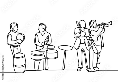 One line drawing jazz music player. A group of cello player, trumpet and saxophone person isolated on white background. People with classical music instruments. Jazz group player minimalism design