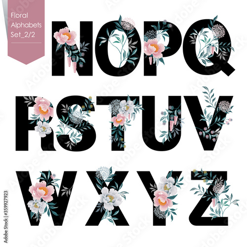 Vector illustration of floral alphabets collection. A set of beautiful flowers and alphabets for wedding, invitations and birthday cards.