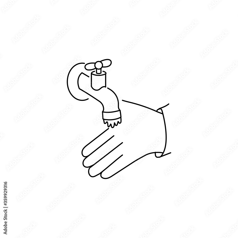 Washing hands under tap water outline icon isolated white background Washing hands under tap water outline icon isolated white background