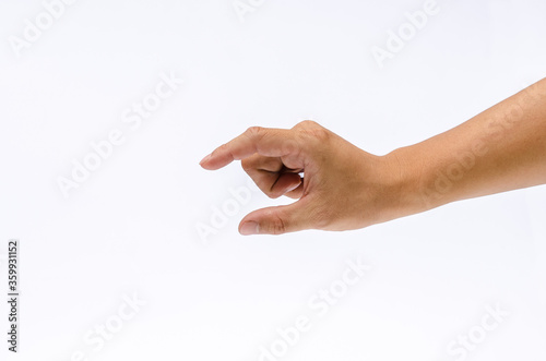 Close up of hand with hoding something, give something or put something into another handr . Isolated on white background, place for text or sign. Positive concept.