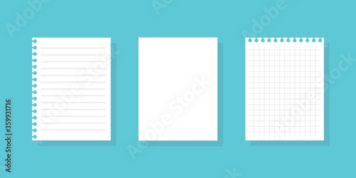 Ripped liner, black and squared notepad paper sheets. Isolated vector set illustration on color background