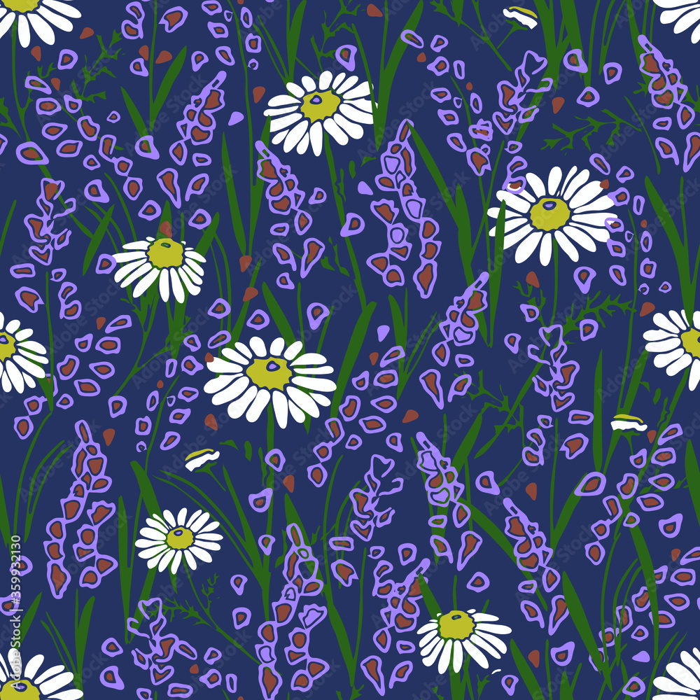 Seamless vector pattern with lavenders and chamomiles on blue background. Beautiful floral wallpaper design with flower meadow.