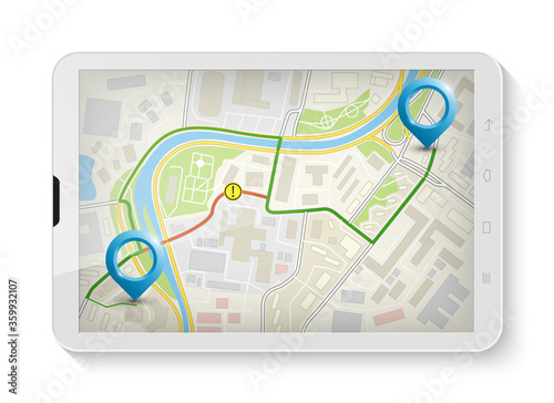 City map route delivery navigation smartphone, phone point marker, drawing schema, simple city plan GPS navigation tablet, itinerary destination arrow paper city map Route delivery check point graphic