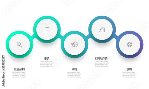 Timeline infographic label design with marketing icons and 5 options, steps or processes. Vector illustration.
