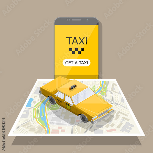 Yellow isometric taxi cab banner. Online mobile application order taxi service illustration. Flat car isometric quality banner. 3D taxi vehicle smartphone. Get a taxi online phone isometry application