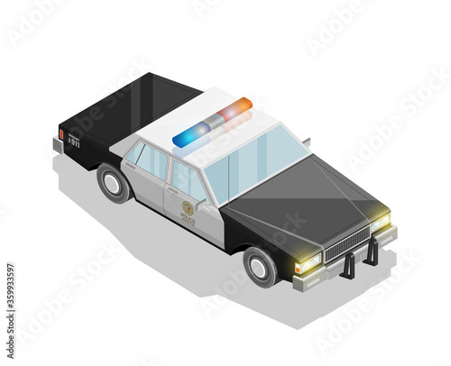 Flat 3D isometric police car model. City transport automobile set. Sedan police auto. Urban classic motor vehicle. Quality auto infographic design and game. 3D isometric police automobile icon set