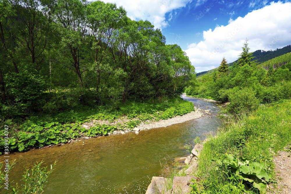 landscape with mountain river and green trees landscape with mountain river and green trees