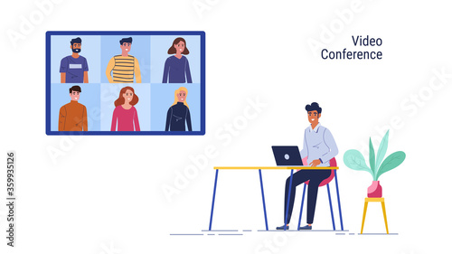 Work from home. Man use laptop online meeting and group video conference in home.