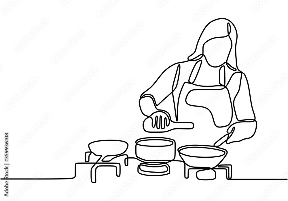 Continuous one line drawing girl cooking food vector illustration. Young woman  wearing apron standing on domestic kitchen table full with pan and stove.  Happy housewife cooking hobby concept Stock Vector | Adobe