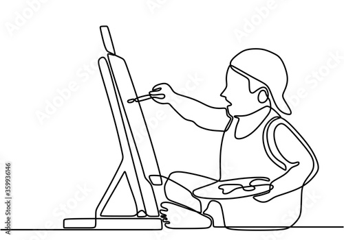 One line drawing of painter artist. A boy wearing hat sitting and focus painting an artwork on canvas. Little kid holding paint brush and learn to paint. Continuous hand drawn minimalism.