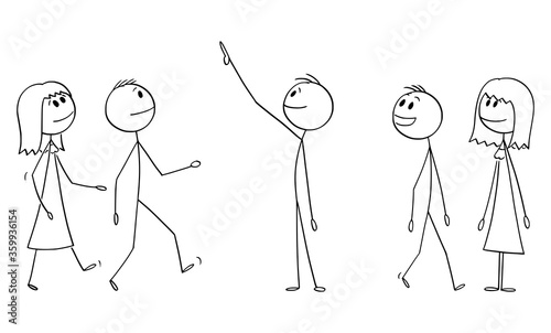Vector cartoon stick figure drawing conceptual illustration of group or crowd of smiling people watching something good above them. They show positive emotion or facial expression.