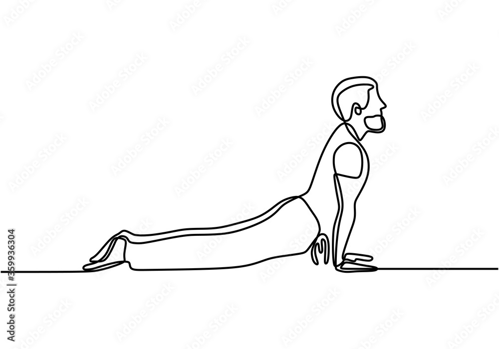 Fototapeta One continuous drawn line of yoga pose. Young man doing exercise cobra yoga pose with the position of the thighs, pelvis, and feet attached to the mat and lift chest up. Character male athlete