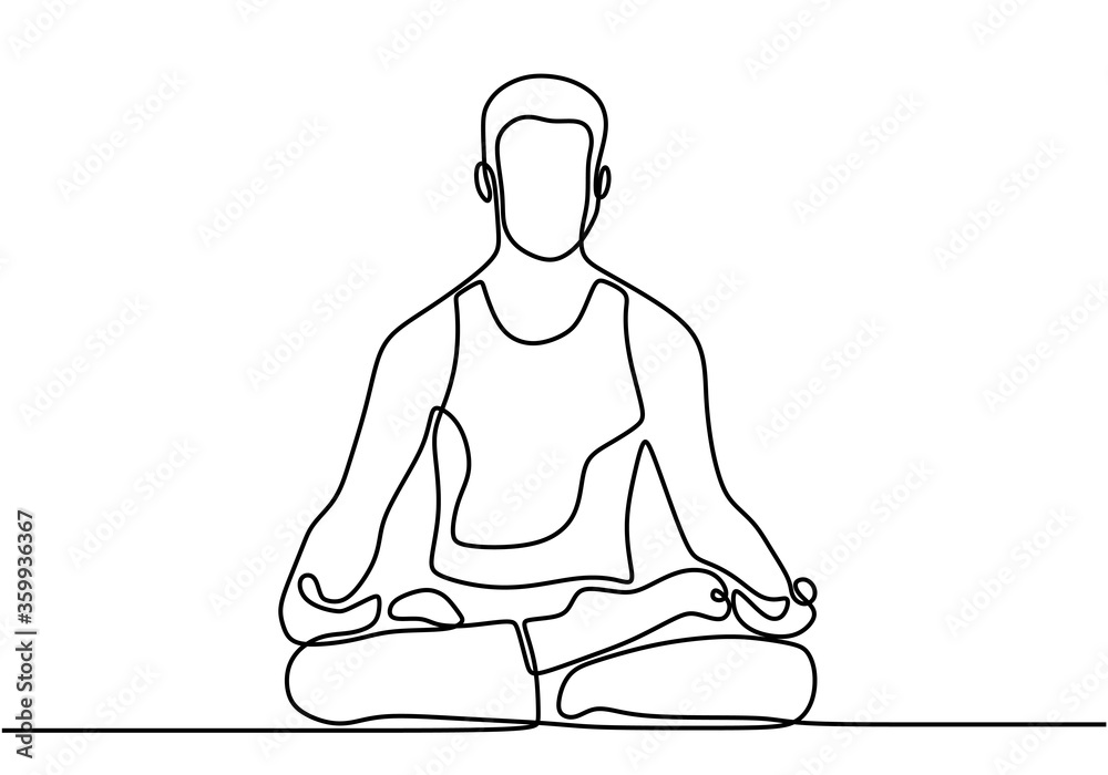 Continuous line art or one line drawing of man doing exercise in yoga pose. Sitting with cross leg and lotus yoga pose. Young male practice yoga for meditation. Illustration of person on meditation - obrazy, fototapety, plakaty 