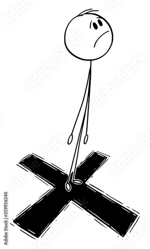Vector cartoon stick figure drawing conceptual illustration of man or businessman standing on cross or big X mark as target for shooting.