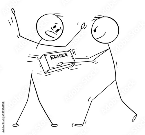 Vector cartoon stick figure drawing conceptual illustration of drawn man erasing another man with eraser.