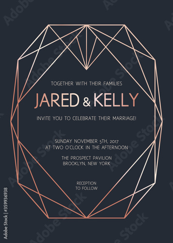 Vector modern design template for wedding invitation. Rose gold geometric diamond on dark background. Art Deco pattern