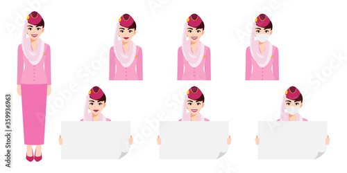 Cartoon character with Muslim air hostess in pink uniform with smile , medical mask and holding poster template. Set of vector isolated illustrations